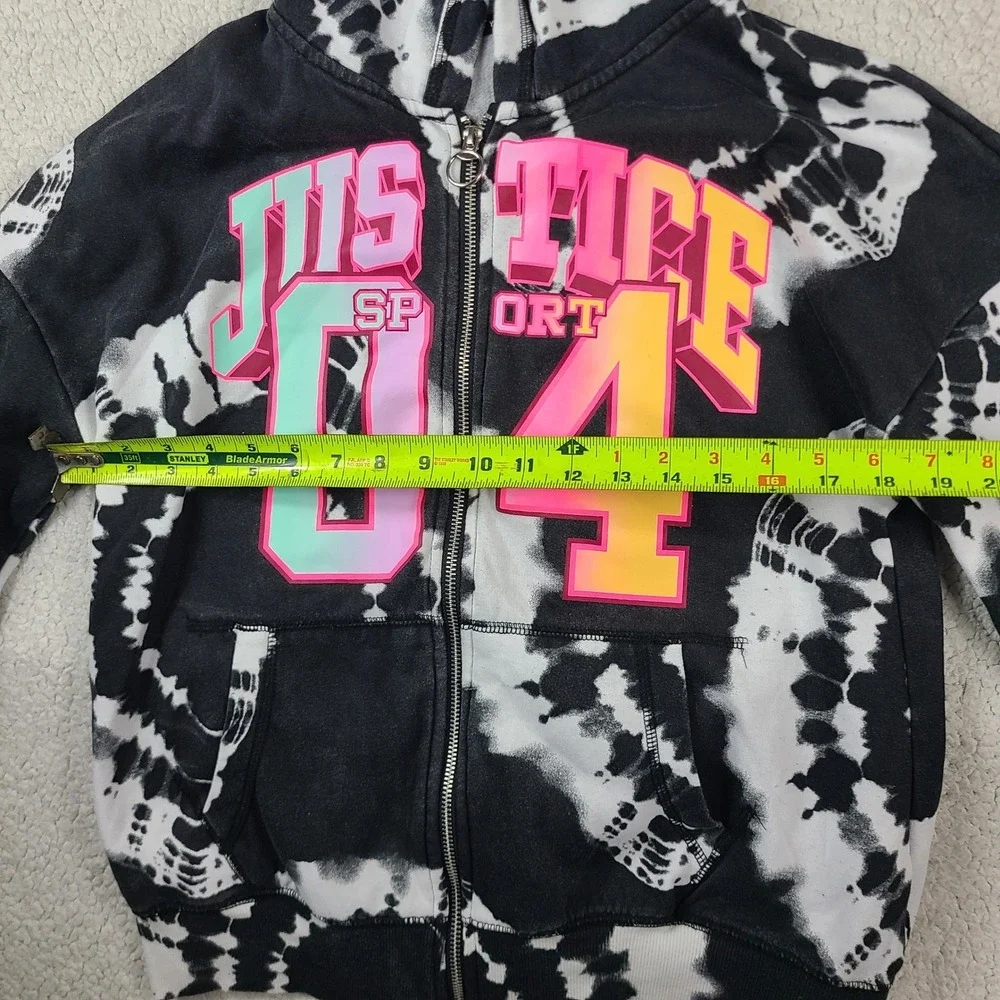 Justice Sport Girls Black White Tie Dye Zip Up Hoodie Neon Graphic Sweatshirt